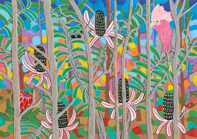 Vibrant Australian artwork featuring banksias, eucalyptus trees and a pink galah